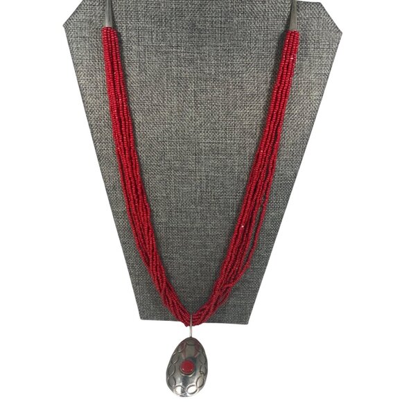 Artisian Red Seed Bead Necklace Boho Statement Silver Tone Pendant Southwestern - Picture 2 of 7